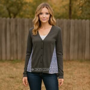 Subtle Luxury Cashmere Silk Cardigan Gray Button Front Boho Print Back Size XS/S